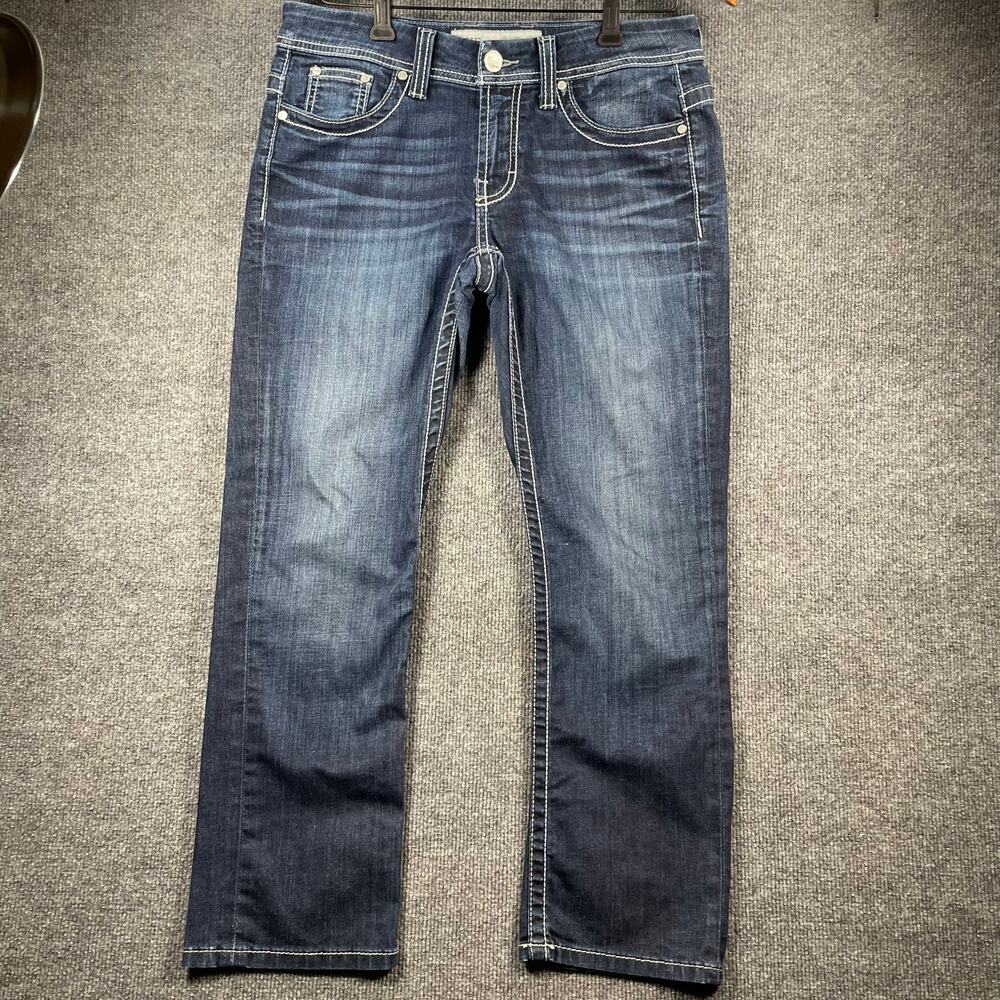 BKE Denim Harper Crop Jeans Women's 28 (32X26) Double Cuff Blue White Stitch
